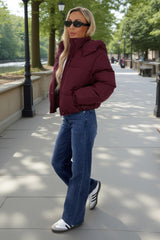Burgundy Hooded Short Puffer Coat
