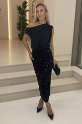 Black Velvet Sequin Midi Skirt