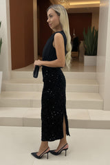 Black Velvet Sequin Midi Skirt