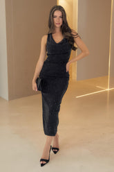 Black Diamante Sparkle Cowl Neck Midi Dress