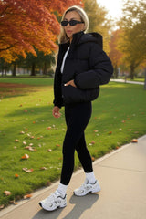 Black Drawstring Hood Short Puffer Coat
