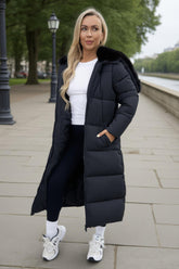 Black Split Hood Longline Puffer Coat