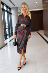 Plum And Black Smudge Print Belted Wrap Midi Shirt Dress