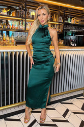 Teal Halter Neck Draped Waist Midi Dress