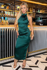 Teal Halter Neck Draped Waist Midi Dress