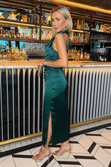 Teal Halter Neck Draped Waist Midi Dress