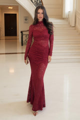 Wine Lace Overlay Long Sleeve Fishtail Midi Dress