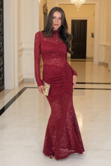 Wine Lace Overlay Long Sleeve Fishtail Midi Dress