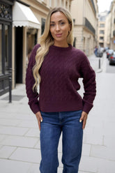 Burgundy Round Neck Cable Knit Jumper
