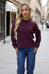 Burgundy Round Neck Cable Knit Jumper