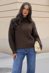 Chocolate Mock Neck Cable Knit Jumper