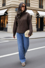 Chocolate Mock Neck Cable Knit Jumper