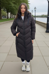 Chocolate Hooded Puffer Coat with Zip Front Pockets