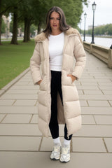 Cream Split Hood Longline Puffer Coat