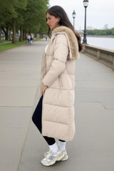 Cream Split Hood Longline Puffer Coat