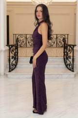 Plum Sparkle Halter Neck Draped Waist Jumpsuit