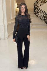 Black Diamante Mesh 2 in 1 Wide Leg Jumpsuit