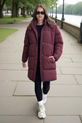 Burgundy Hooded Longline Puffer Coat
