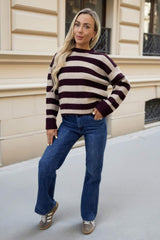 Burgundy And Oatmeal Striped Crew Neck Jumper