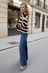 Burgundy And Oatmeal Striped Crew Neck Jumper