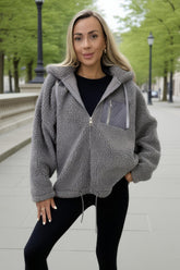 Grey Pocket Detail Hooded Teddy Jacket