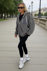 Grey Pocket Detail Hooded Teddy Jacket