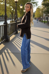 Chocolate Mock Neck Blanket Stitch Detail Jumper