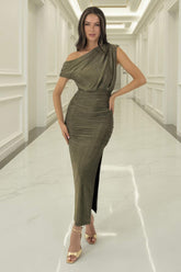 Gold Sparkle Off The Shoulder Draped Top Midi Dress