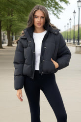 Black Hooded Short Puffer Coat