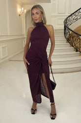 Plum Jacquard Diamante Halter Neck Knot Skirt Midi Dress