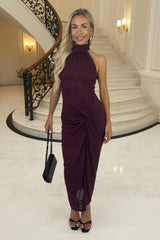 Plum Jacquard Diamante Halter Neck Knot Skirt Midi Dress