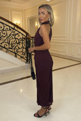 Plum Jacquard Diamante Halter Neck Knot Skirt Midi Dress