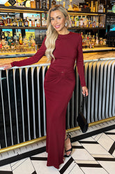 Burgundy Long Sleeve O-Ring Detail Bodycon Midi Dress