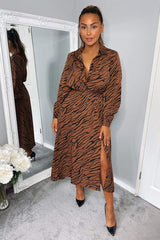 Brown Animal Print Button Up Midi Dress