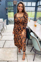 Camel Animal Print Square Neck Midi Dress