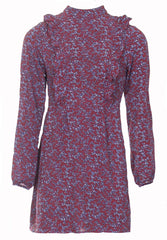 Wine Long Sleeve Frill Detail Skater Dress