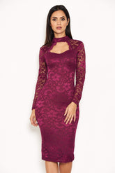 Plum Lace Midi Dress With Long Sleeves