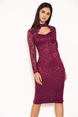 Plum Lace Midi Dress With Long Sleeves