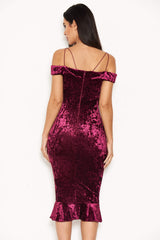 Plum Velvet Off The Shoulder Midi Dress With Frill Hem
