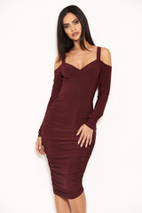 Plum Slinky Ruched Cold Shoulder Dress