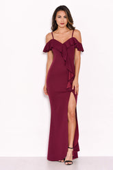Plum Cold Shoulder Frill Detail Split Dress