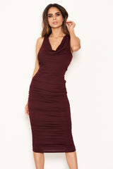 Plum Cowl Neck Ruched Side Bodycon Midi Dress