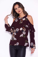 Plum Floral Cold Shoulder Top