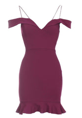 Plum Strappy Off The Shoulder Frill Mini Dress