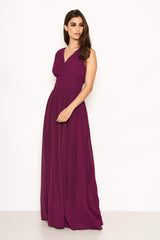 Plum Pleated V Neck Maxi Dress