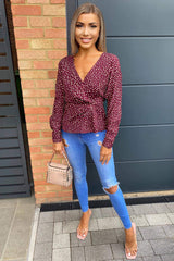 Plum Polka Dot Long Sleeve Wrap Top