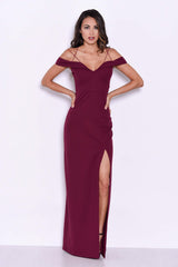Plum Strappy Off The Shoulder Side Split Maxi Dress