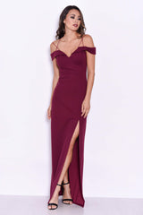 Plum Strappy Off The Shoulder Side Split Maxi Dress