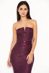 Plum Lace Notch Front Midi Dress