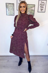Plum Spotty High Neck Midi Dress